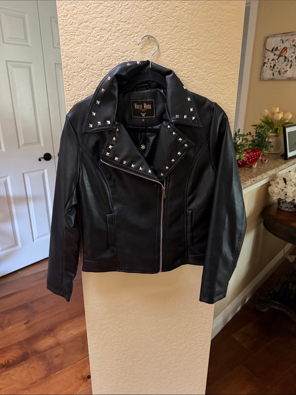 White Mark Women's Black Studded Faux Leather Moto Blazer